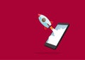 Rocket launches from mobile phones or smartphones, the idea of Ã¢â¬â¹Ã¢â¬â¹starting a successful business project, adding innovative